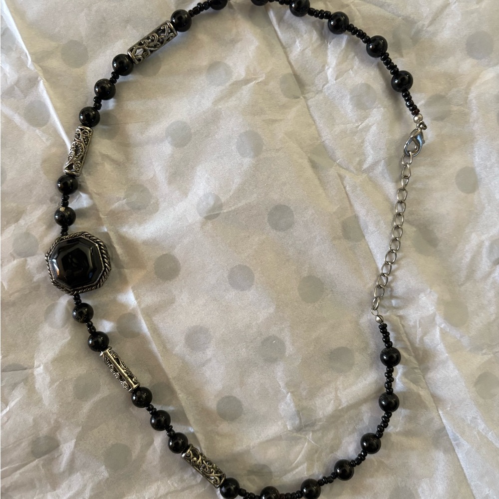 2/$15 Black and Silver Beaded Necklace with Chain Accents